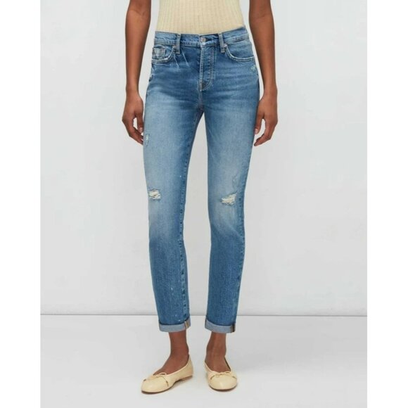7 For All Mankind 7FAM Josefina Jeans 30 Boyfriend Distressed Medium Wash Blue - Picture 1 of 13